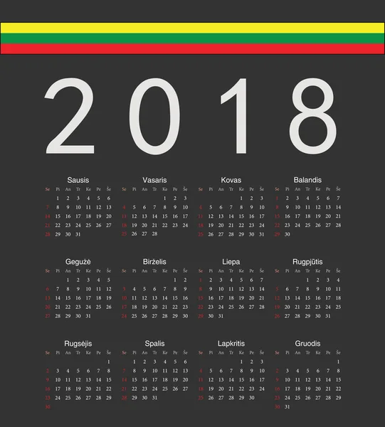 Calendario vectorial cuadrado negro lituano 2018 año — Vector de stock