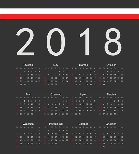 Cuadrado negro polaco 2018 año vector calendario — Vector de stock