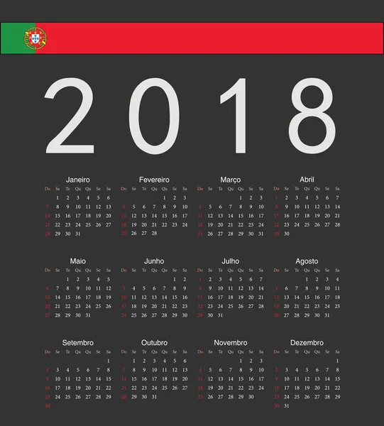 Cuadrado negro portugués 2018 año vector calendario — Vector de stock