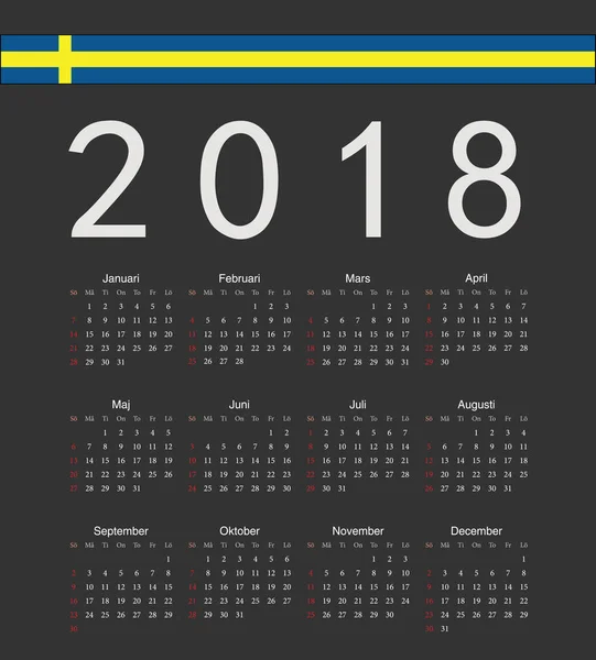 Cuadrado negro sueco 2018 año vector calendario — Vector de stock