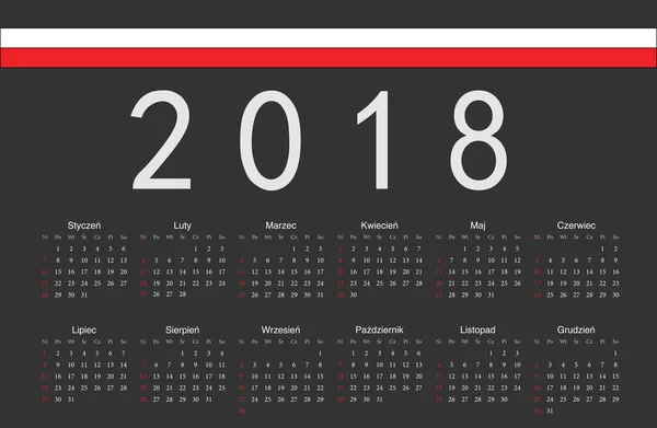 Polaco negro 2018 año vector calendario — Vector de stock