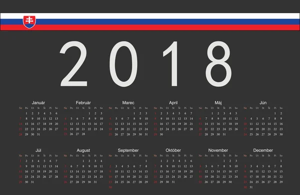 Slovenská černý rok 2018 vektor kalendář — Stockový vektor