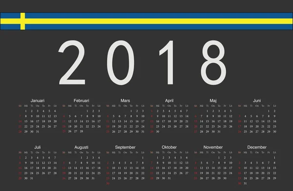 Suédois noir 2018 année vecteur calendrier — Image vectorielle