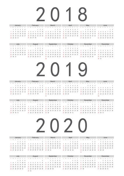 Dikdörtgen Avrupa 2018, 2019, 2020 yılı vektör takvimi ayarla