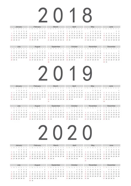 Набір прямокутник Європейського 2018 2019 2020 року вектор календар — стоковий вектор