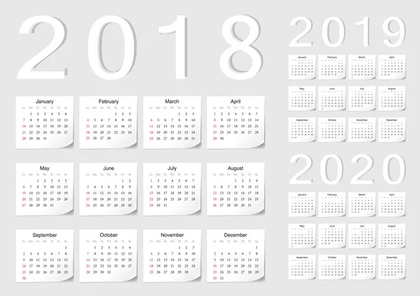 Set of European 2018, 2019, 2020 vector calendars — Stock Vector