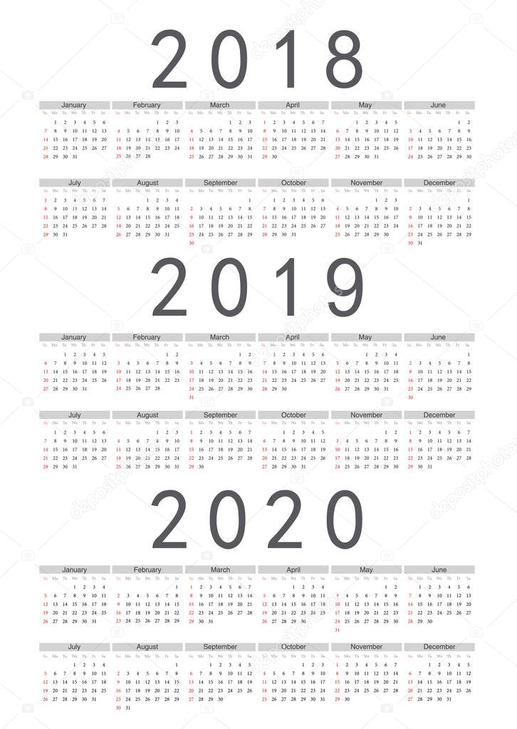 Set of rectangle European 2018, 2019, 2020  year vector calendar