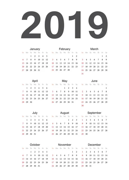 Calendario vectorial europeo 2019 año — Vector de stock