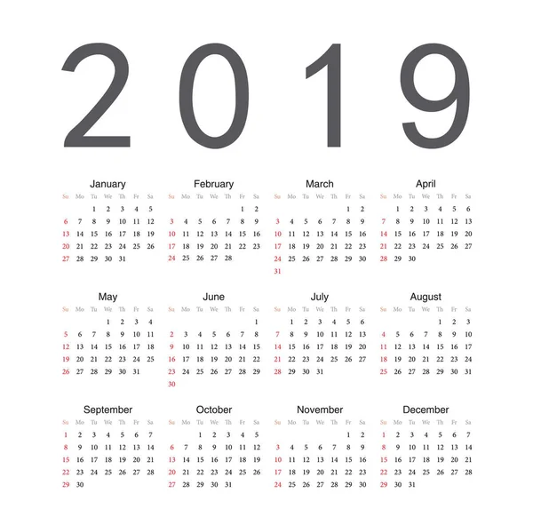 Fyrkantig engelska 2019 år vektor kalender — Stock vektor