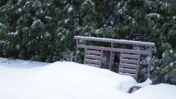 家の庭にインストールされている席の偉大な降雪 大きな雪片とスローモーション 公園の金属のベンチを賜り — ストック動画