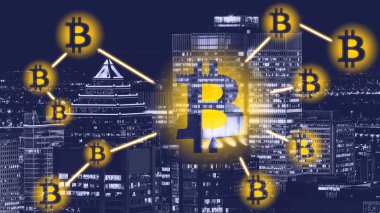 Bitcoin şehir özgeçmişlerine - Montreal imzala. Bitcoin ve blockchain teknoloji kavramı. Bitcoin ağ bitcoin işareti kentsel arka plan üzerinde. Blockchain, cryptocurrencies, bitcoin kavramı.