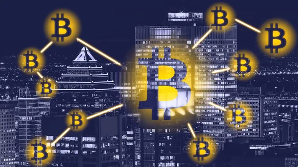 Bitcoin şehir özgeçmişlerine - Montreal imzala. Bitcoin ve blockchain teknoloji kavramı. Bitcoin ağ bitcoin işareti kentsel arka plan üzerinde. Blockchain, cryptocurrencies, bitcoin kavramı.