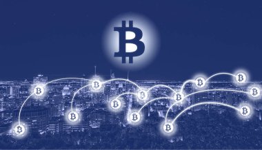 Bitcoin ve blockchain teknoloji kavramı. Bitcoin şehir arka plan Montreal imzala. Bitcoin ağ bitcoin işareti kentsel arka plan üzerinde. Blockchain, cryptocurrencies, bitcoin kavramı.