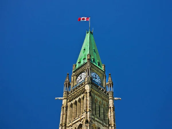 Torre da Vitória e Paz ou Torre da Paz do Parlamento Canadense com fundo azul, Ottawa, Ontário, Canadá. Torre do Parlamento Canadense com bandeira nacional no Dia do Canadá — Fotografia de Stock