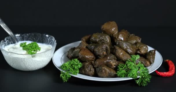 ドルマロール肉 野菜をサワークリームで詰めました ヨーロッパの伝統料理 ドルマ サルマ サルマ ゴルブティ ゴラブキ 伝統的なスタイルで提供される新鮮なサルメ ルーマニアとモルドバの典型的な食品 — ストック動画