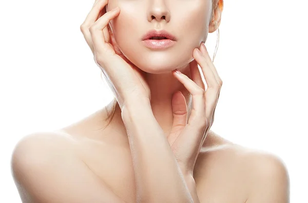 Partial View Female Face Natural Makeup Hands Face — Stock Photo, Image
