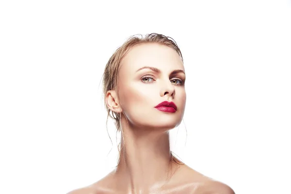 Retrato Mujer Joven Con Maquillaje Moda Con Labios Rojos — Foto de Stock