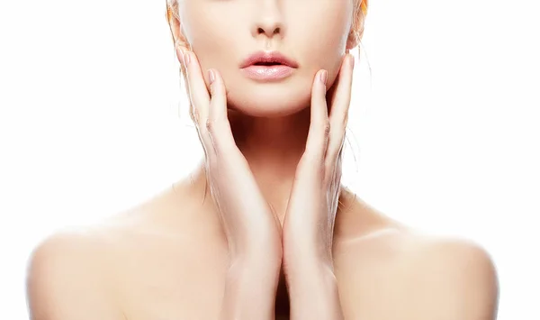 Partial View Female Face Natural Makeup Hands Face — Stock Photo, Image