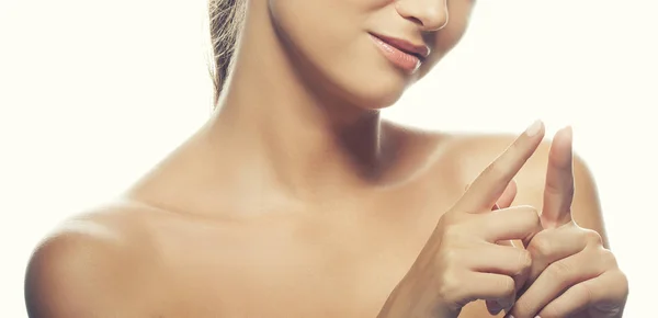 Doğal Makyaj Kadınla Kısmi Görünümünü Beyaz Arka Plan Üzerinde — Stok fotoğraf