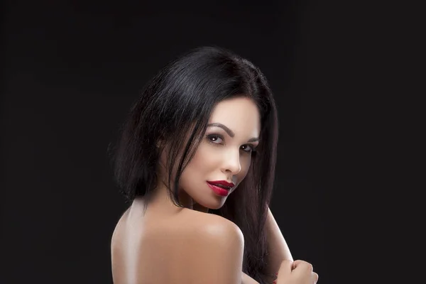 Sensuele Portret Van Brunette Vrouw Met Rode Lippen Make Zwarte — Stockfoto