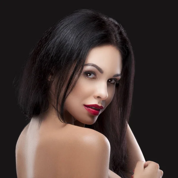 Sensual Portrait Brunette Woman Red Lips Makeup Black Background — Stock Photo, Image