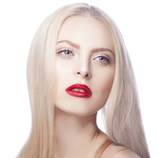 Portret Kobiety Nowoczesnym Czerwone Usta Makijaż Białym Tle — Zdjęcie stockowe