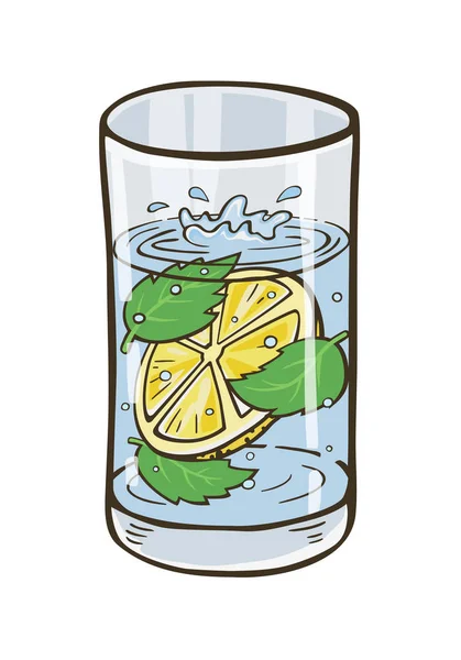 Bicchiere Acqua Vettoriale Con Foglie Limone Menta Bevanda Fresca Fredda — Vettoriale Stock