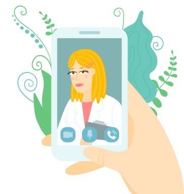 Sanal doktor kadınla el ele tutuşmak düz stil. Telefonundaki doktor. Çevrimiçi tıbbi konsültasyon, uzaktan tedavi ve tanı. İnternette sanal sağlık hizmeti. - Vektör