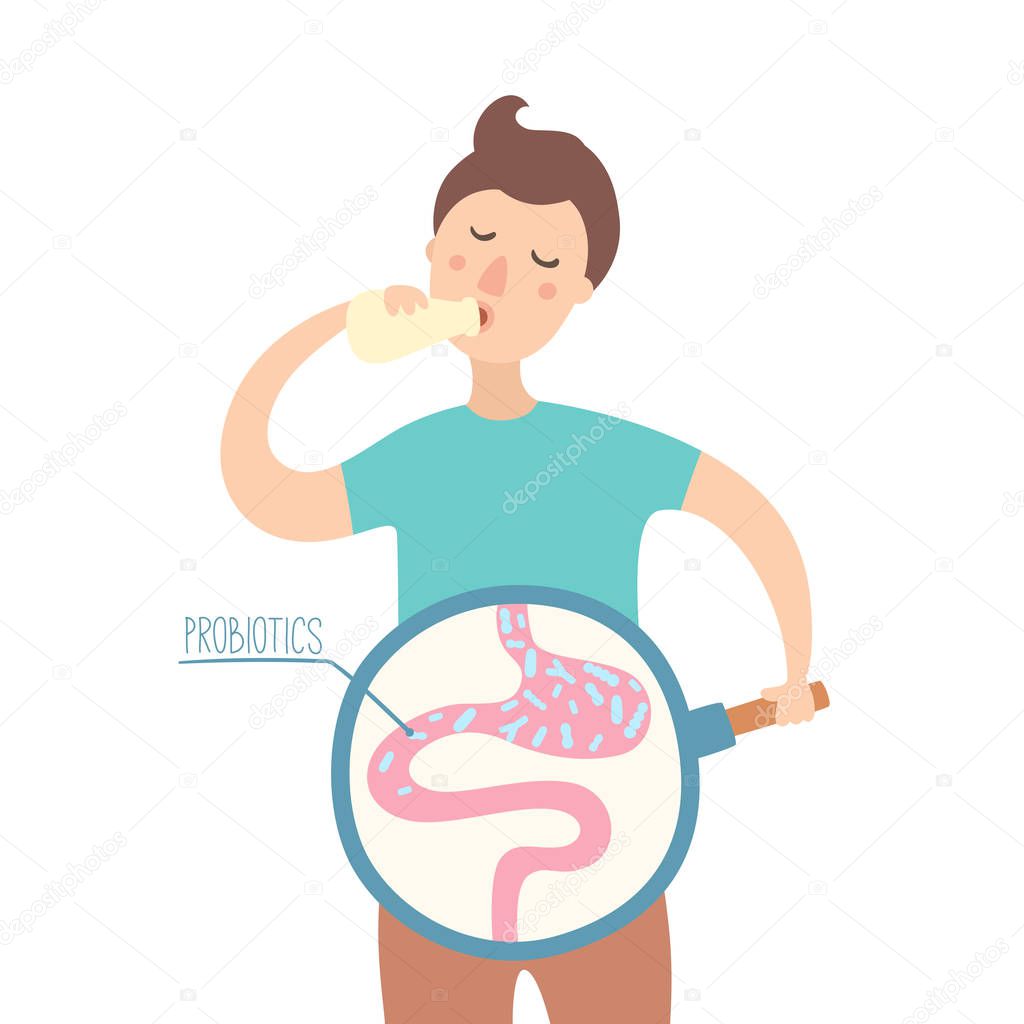 Boy drinking yogurt with probiotics bacteria in the gut. Probiotic through magnifying glass in flat style. Prebiotic, lactobacillus vector in yogurt. Dairy contains lactobacillus bacteria. - Vector 