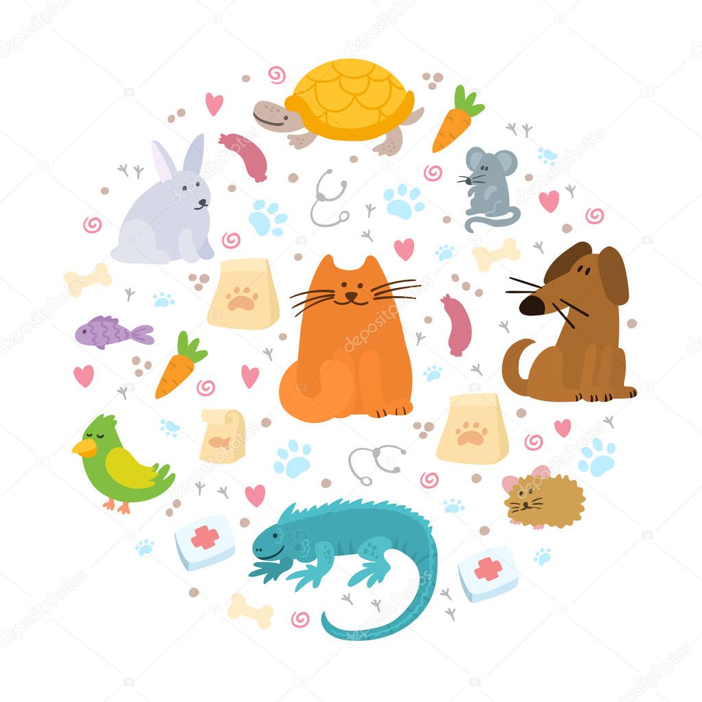 Pet insurance. Circle with color doodle pets inside. Pet care, veterinary banner, background, poster, concept for web, mobile apps, design.  Insurance. Vet clinic outline pets vector icon.  - Vector 