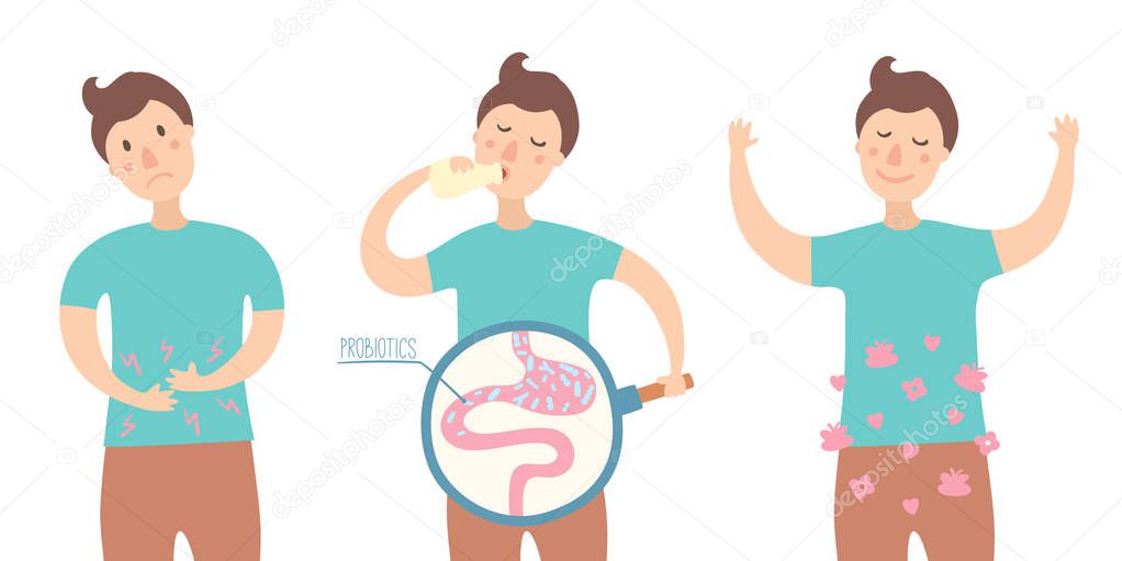 Health benefits of taking probiotics. Probiotic therapy flat style. Boy drinking yogurt with probiotics bacteria in the gut.  Prebiotic, lactobacillus in yogurt. - Vector Scheme of probiotic benefits