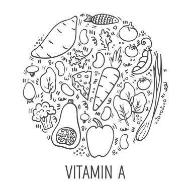 A vitamini çizim çizimi daire şeklinde. A vitamini zengini farklı yiyeceklerin el çizimi. - Vektör. A vitamini ve karotenoidli yemek takımı. Brokoli, tereyağı ezmesi, sopa.
