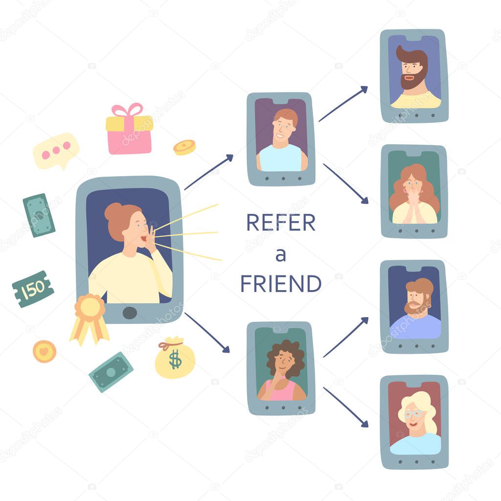 Refer a friend concept. Attract friend. Girl attract people from the list of contacts. Friend sharing referral code concept. Referral marketing strategy banner, landing page, mobile app - vector