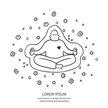 Coronavirus salgını vektör kavramı. Meditasyon yapan çocuk koruma altında..