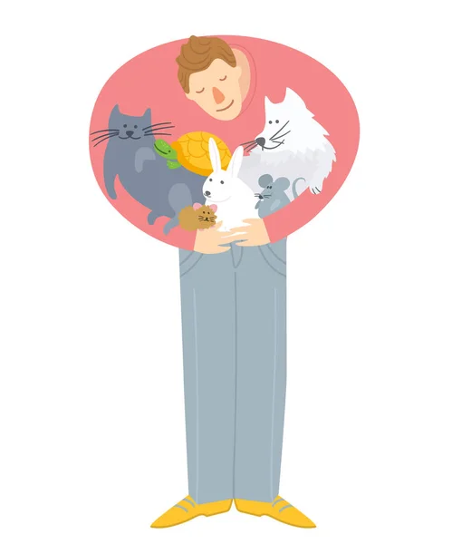 Man hugging domestic animals. Save animals during quarantine — Stock Vector