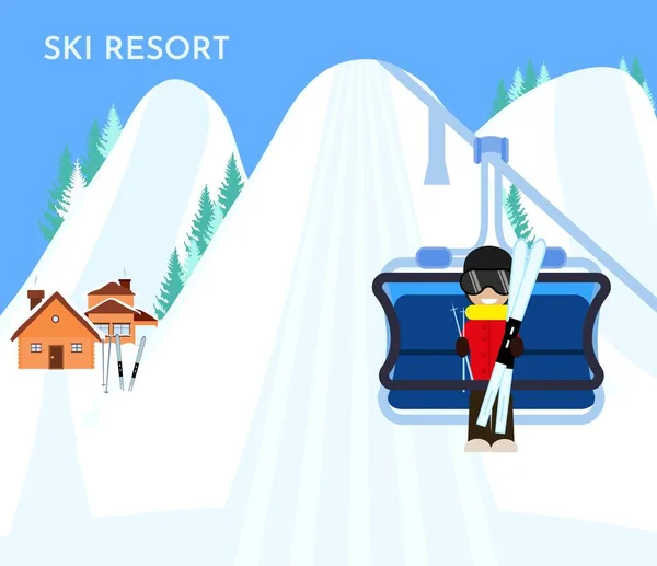 Skigebiet mit Lift, Skifahrer, Berge, Schnee, Holzhaus. Vektorillustration — Stockvektor