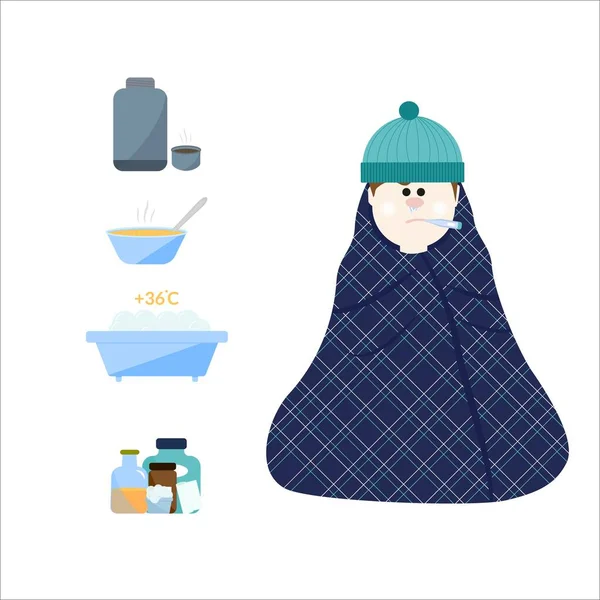 Ιδέα Του Κρυοπαγήματος Άντρας Καπέλο Τυλιγμένο Καρό Ζεστό Φαγητό Θερμός — Διανυσματικό Αρχείο