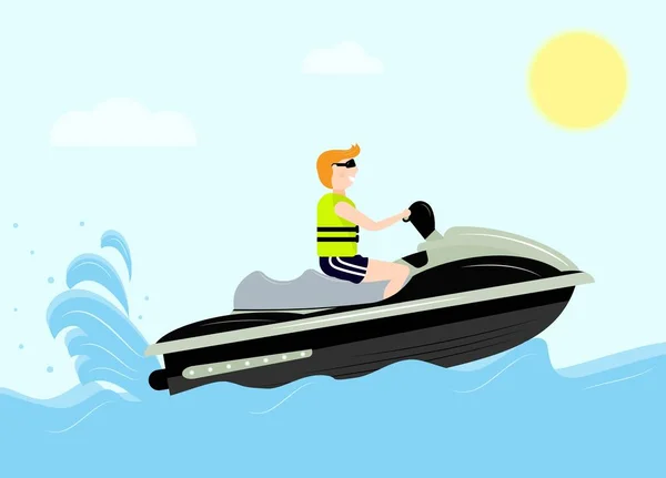 Jet ski 'de can yeleği olan adam. Deniz, güneş, bulutlar. Düz stil. Vector jet motoru scooter. Eğlence konsepti. Aktivite aşırı spor. Yaz tatili. Tebrik kartı, poster, kartpostal, baskı, reklam.