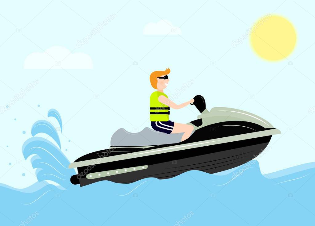 Uomo con giubbotto a vita su jet ski. Mare, sole, nuvole. Stile piatto. Scooter vettoriale jet boat. Concetto di ricreazione. Attività sport estremo. Vacanze estive. Biglietto di auguri, poster, cartolina, stampa, pubblicità.