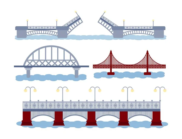 Icono de conjunto og puente con el río. Varios tipos de construcción . — Vector de stock