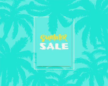 Yaz indirimi afişi. Arka planda büyük bir el çizimi palmiye ağacı. Mavi renk. Web posteri, baskı, kartvizit, online satış broşürü. doku metni. Vektör arkaplanı. İndirim kavramı.