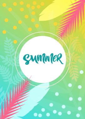 Tropikal yapraklı renkli pankart, dekoratif elementler. Yazın el yazısı harfleriyle. Şablon indirimi broşürü, çevrimiçi mağaza, mağaza, market kartı. Vektör çizimi. Mevsimlik alışveriş