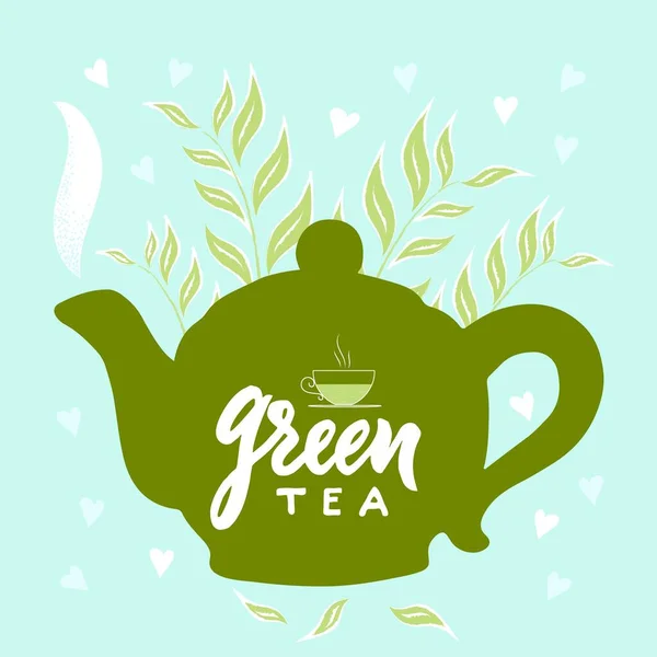 Template Package Hand Draw Teapot Text Green Tea Vapor Leaves — Stock Vector