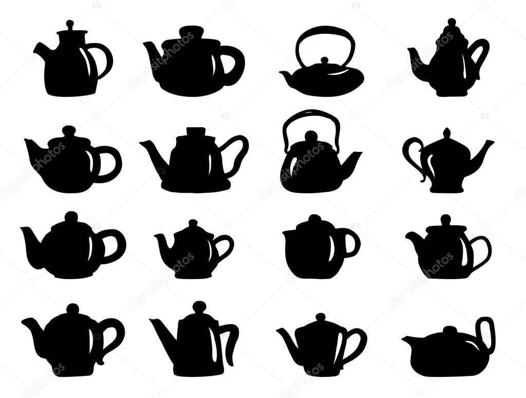 Set of hand draw isolated teapot. Black color. Icon silhouette kettles, coffee pot. As abstract design logo for shop, market, online store, label. Vector illustration. Tableware