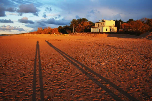 日没時に人々 交差砂浜ビーチの つの長い影の美しいカラフルな絵 — ストック写真