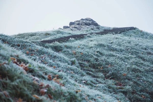 Stairs of castle hill in Rezekne, Latvia, all covered with frost on a late autumn morning