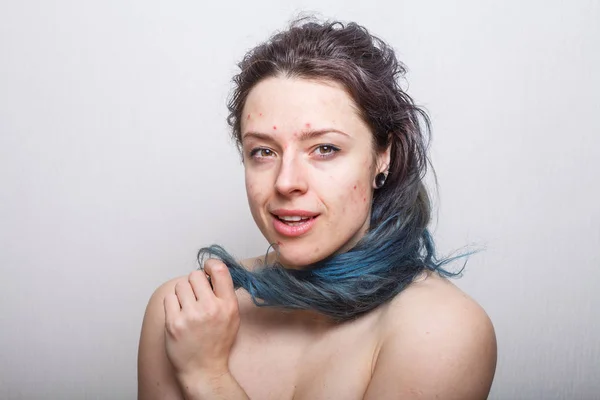 Young Woman Rolling Her Colorful Damaged Messy Hair Her Finger — Stock Photo, Image