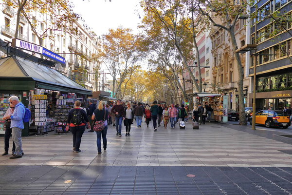 Barcelona Catalunya circa November 2016 The famous la Rambla walkway and souvenirs shops for tourists