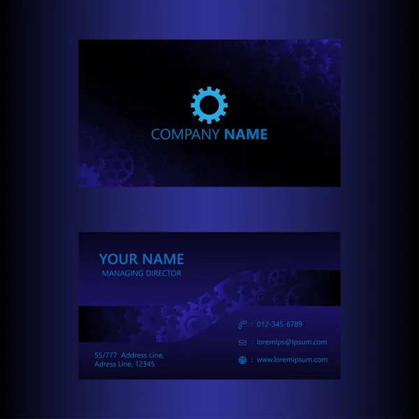 Dark Blue Business Card Gears Background Template Engineer Mechanical Concept — Stock Vector
