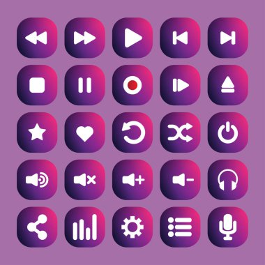 Renkli media player simgeler kümesi, multimedya, ses denetimi, vektör çizim